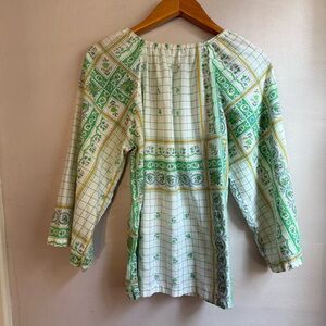 Vintage 70s OK-Hill Peasant Blouse Floral Grid Print Boho Cottagecore Top Medium